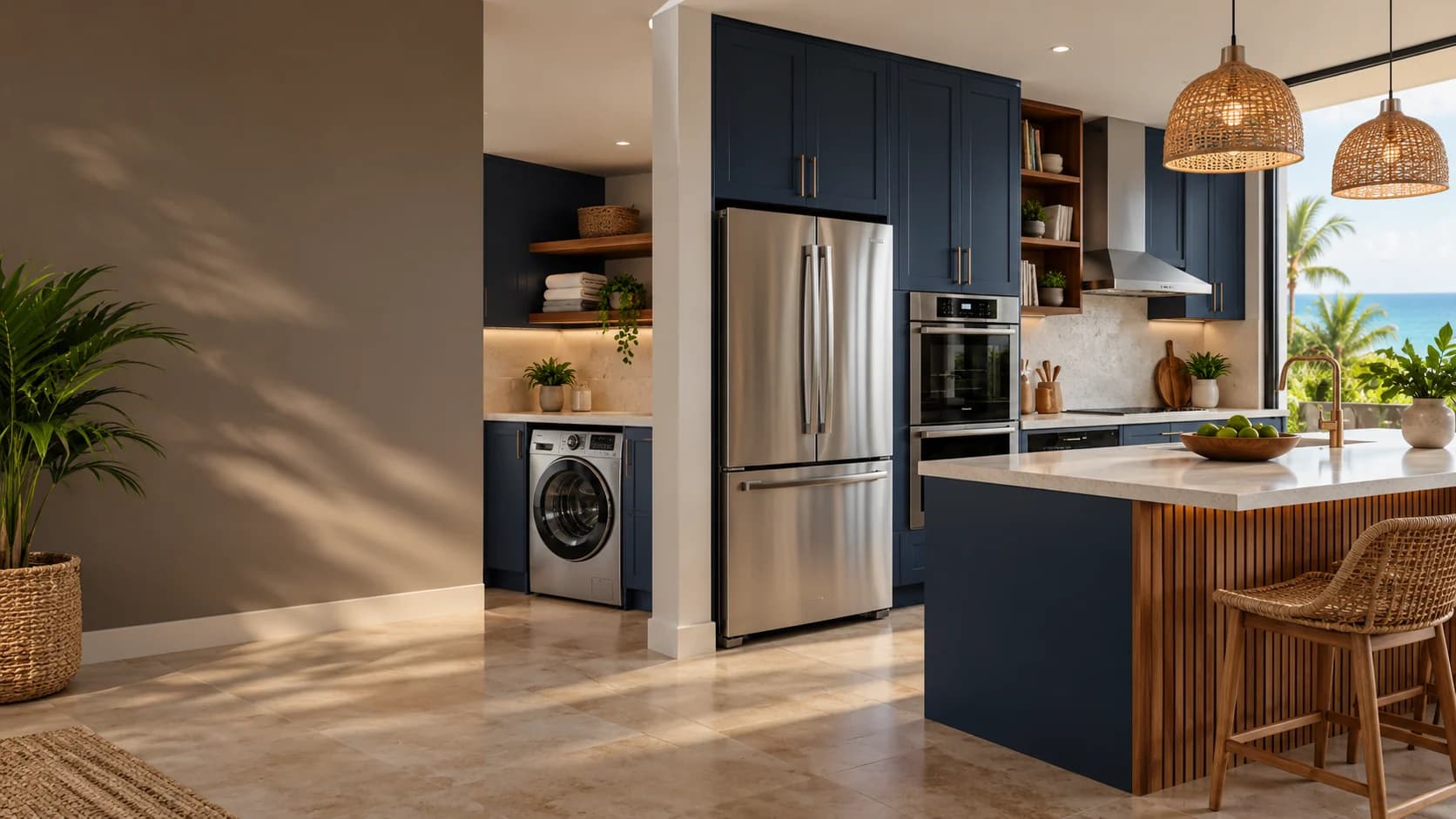 Modern kitchen with an integrated refrigerator, washing machine and oven.
