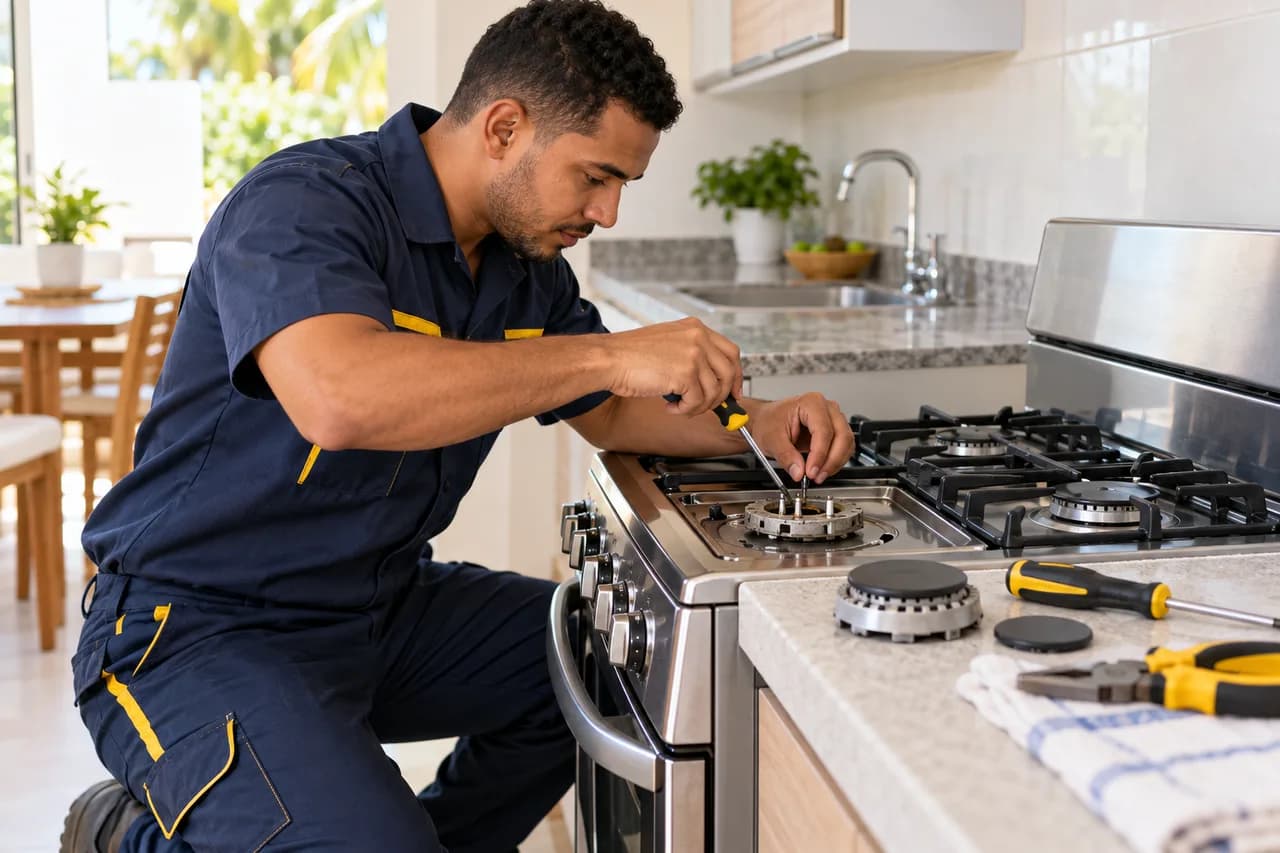 Illustrative scene: stove repair by technical personnel.