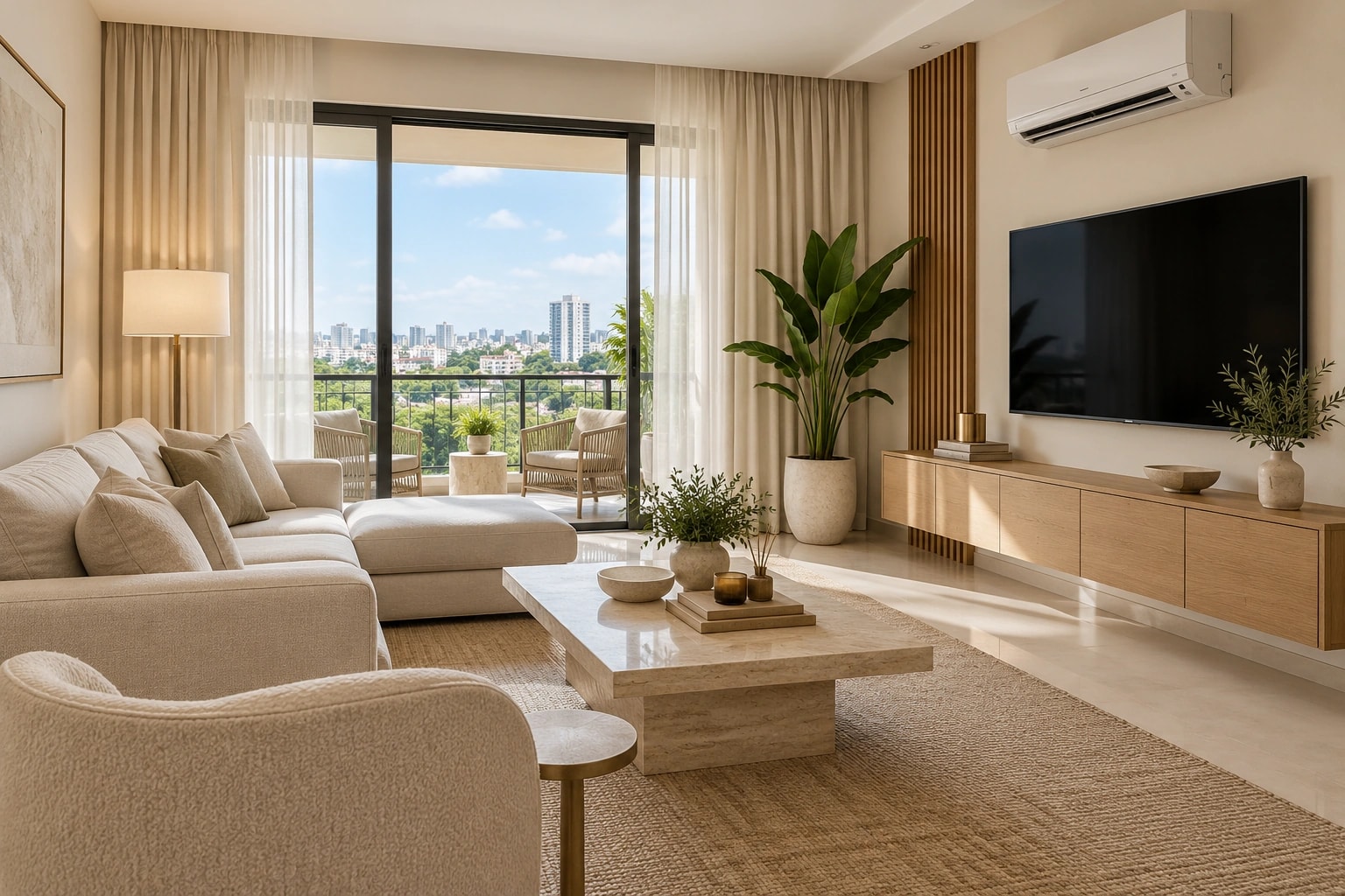 Sala ilustrativa con televisor y aire acondicionado integrados