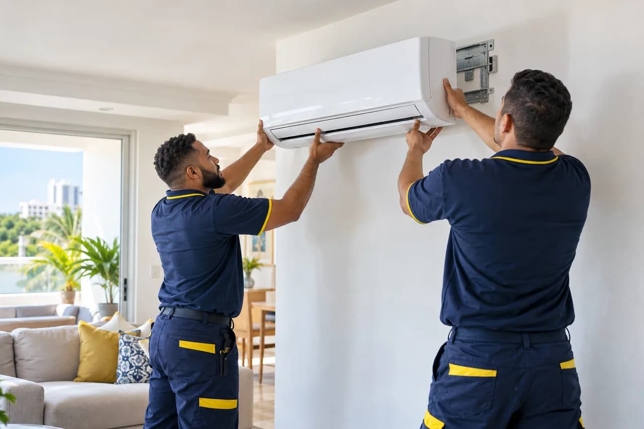 Illustrative scene: air conditioner installation by technical personnel.