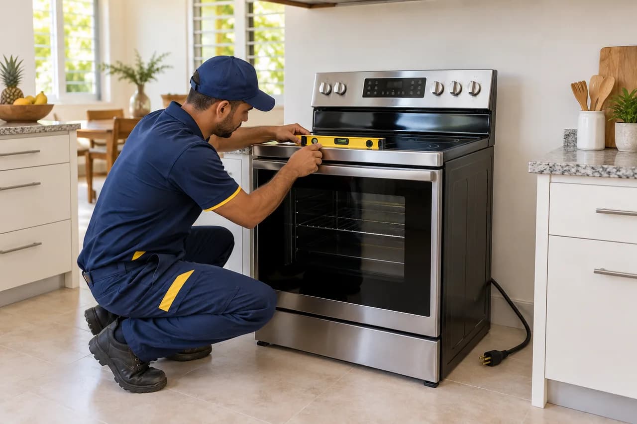 Illustrative scene: stove installation by technical personnel.