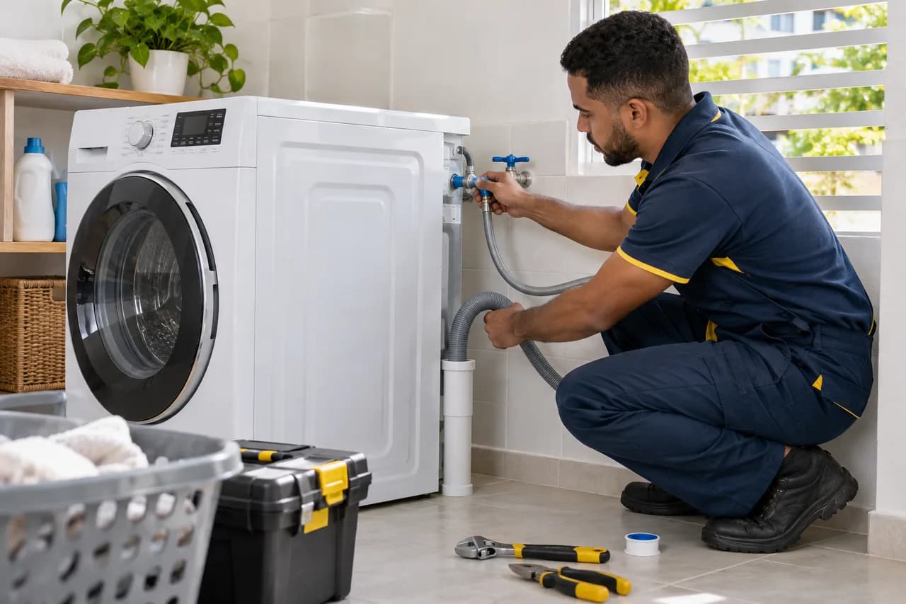 Illustrative scene: washing machine installation by technical personnel.