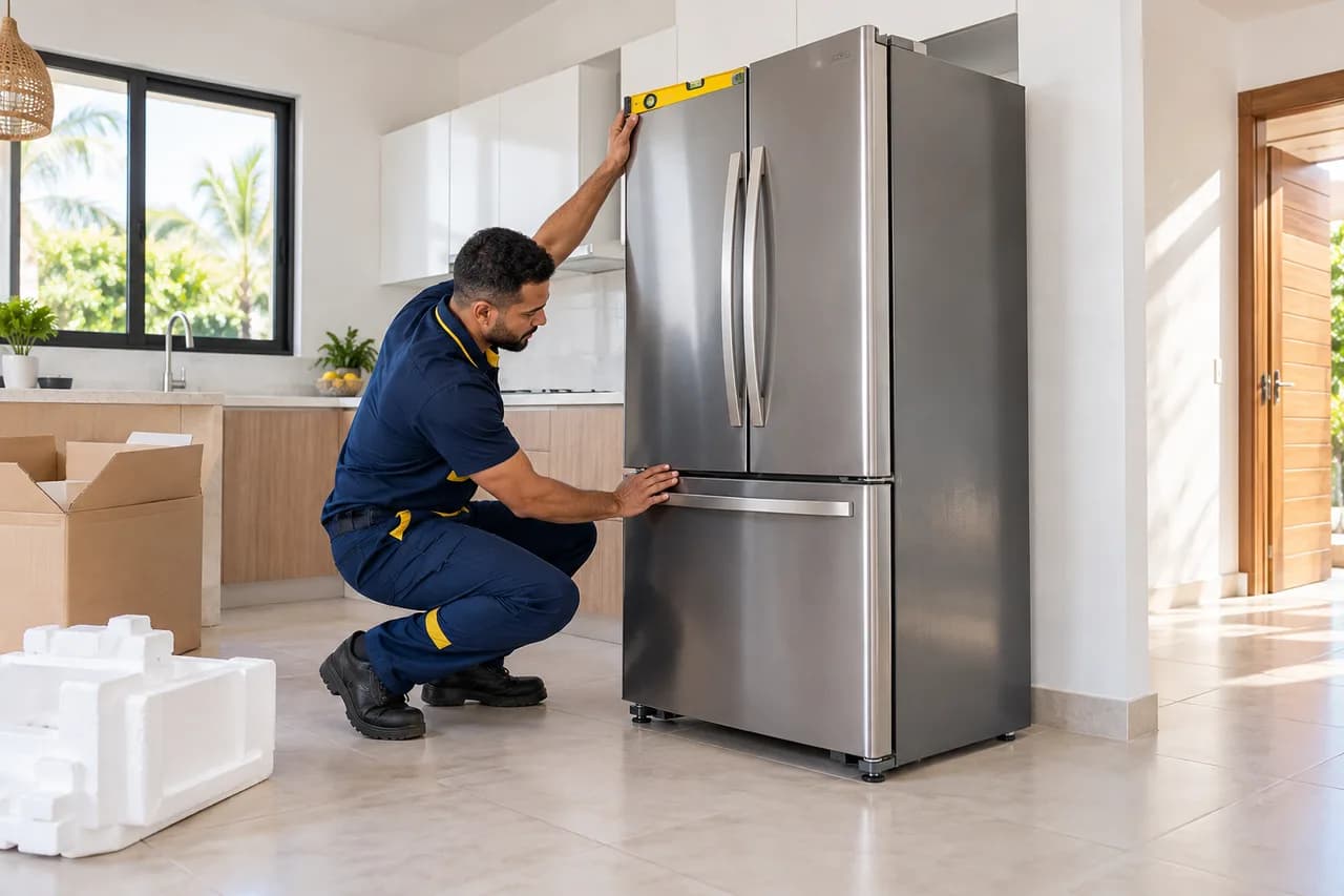 Illustrative scene: refrigerator installation by technical personnel.