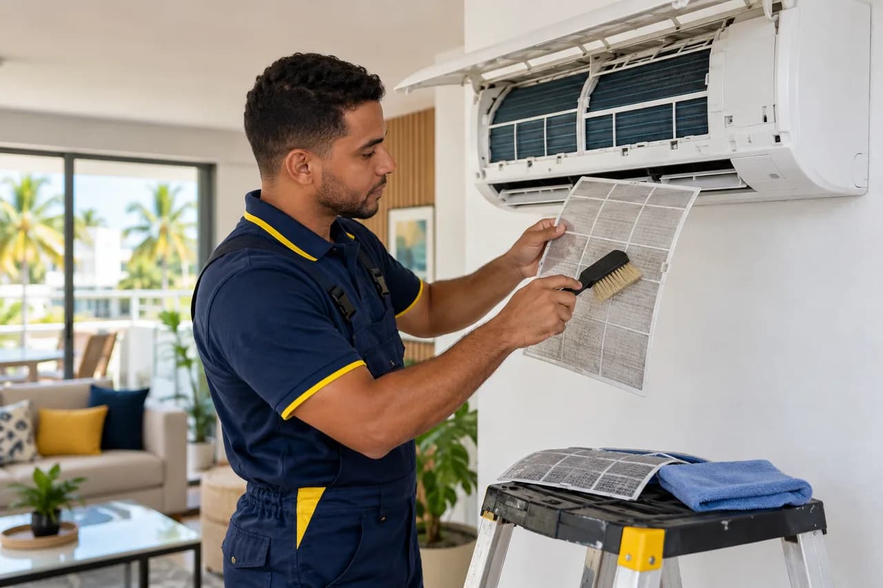Technician cleaning air conditioner filters, illustrative scene.