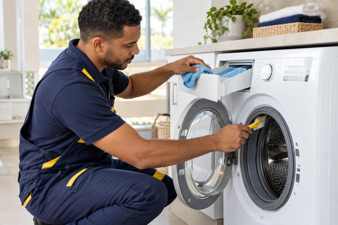 Illustrative scene: washing machine maintenance by technical personnel.