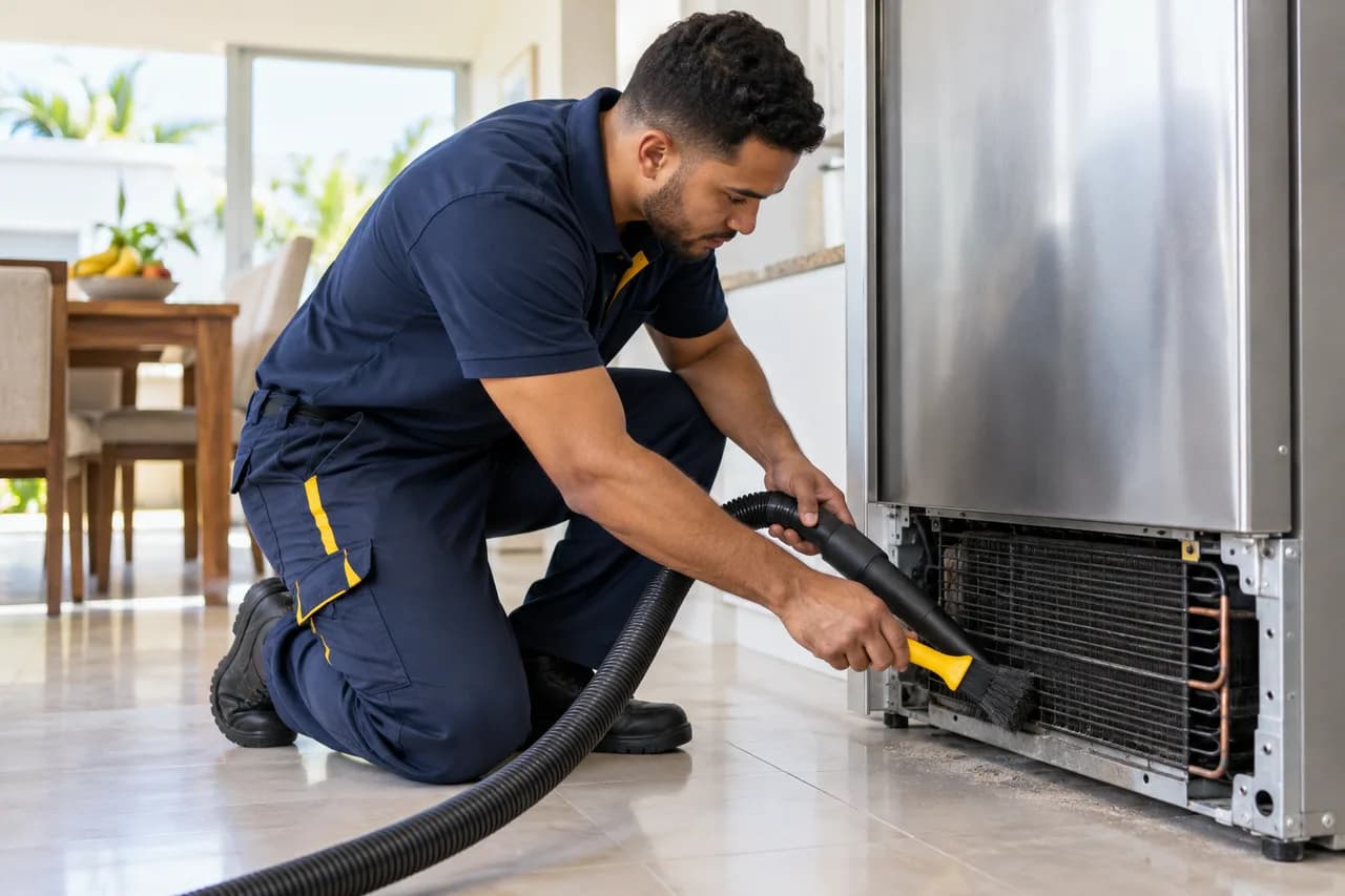 Illustrative scene: refrigerator maintenance by technical personnel.