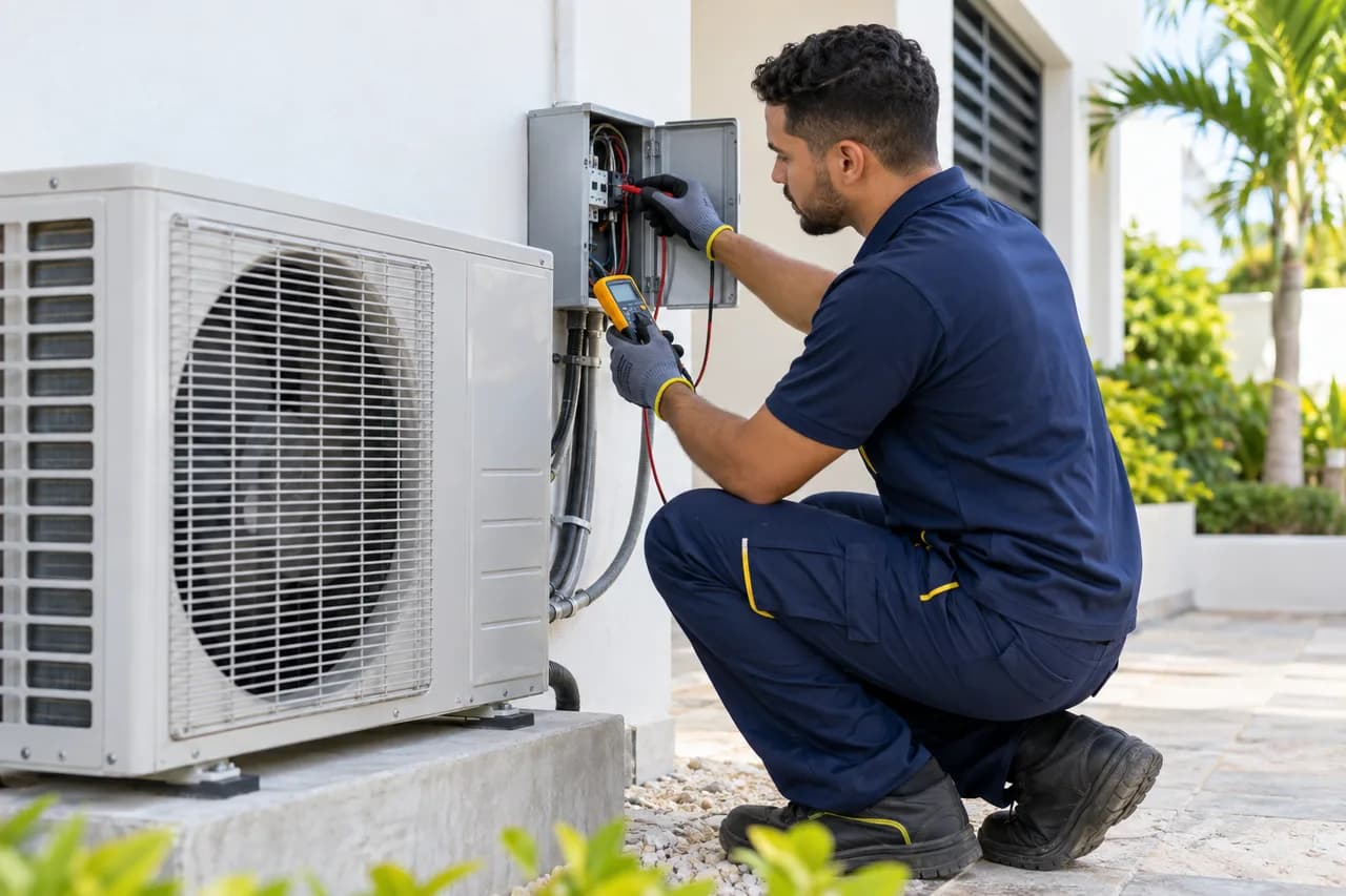 Illustrative scene: air conditioner repair by technical personnel.