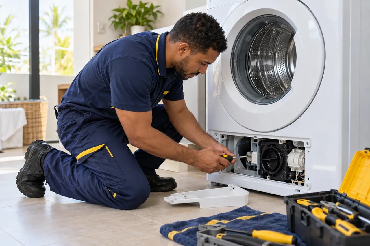 Illustrative scene: washing machine repair by technical personnel.