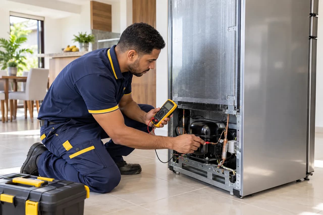 Illustrative scene: refrigerator repair by technical personnel.
