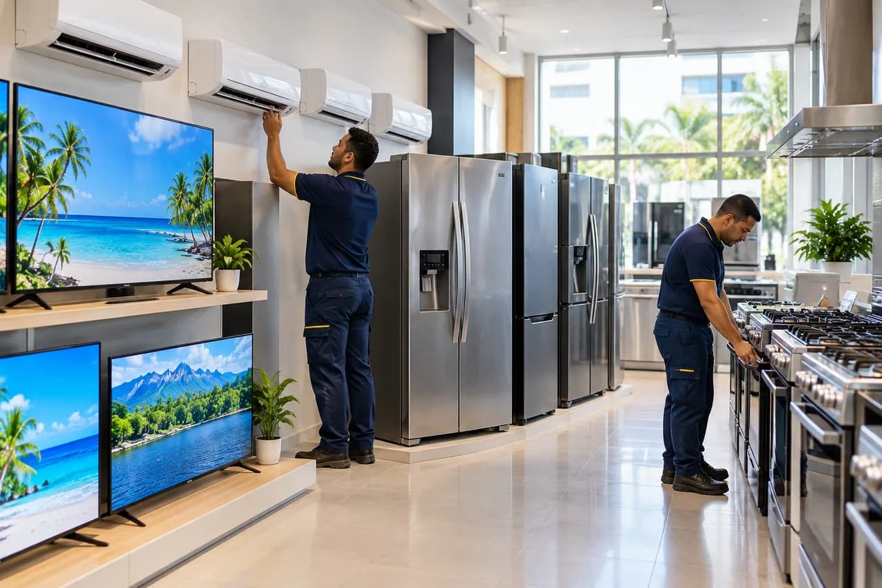 Illustration of a store with televisions, air conditioners, refrigerators and stoves