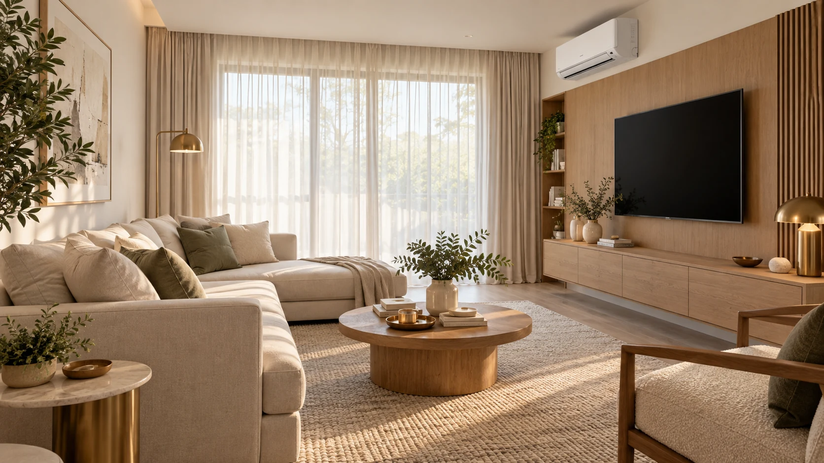 Bright, harmonious living room with a neutral sofa, wood finishes, an integrated television and air conditioner.