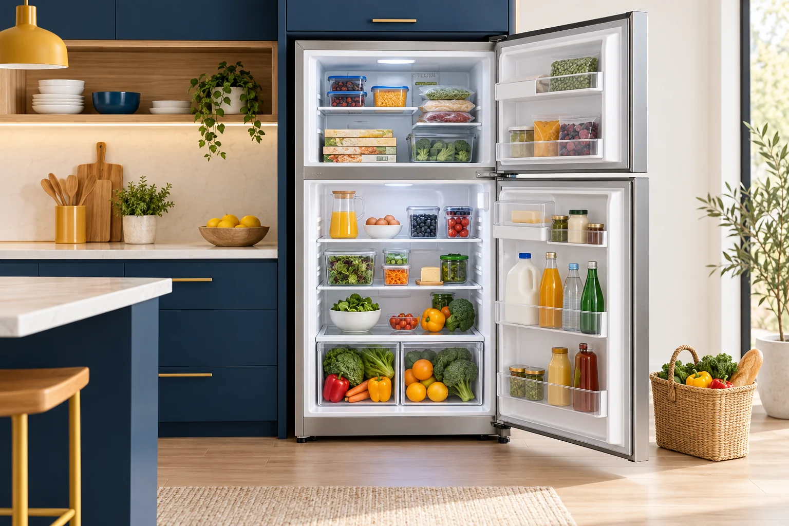 Illustration of an open refrigerator with organized food