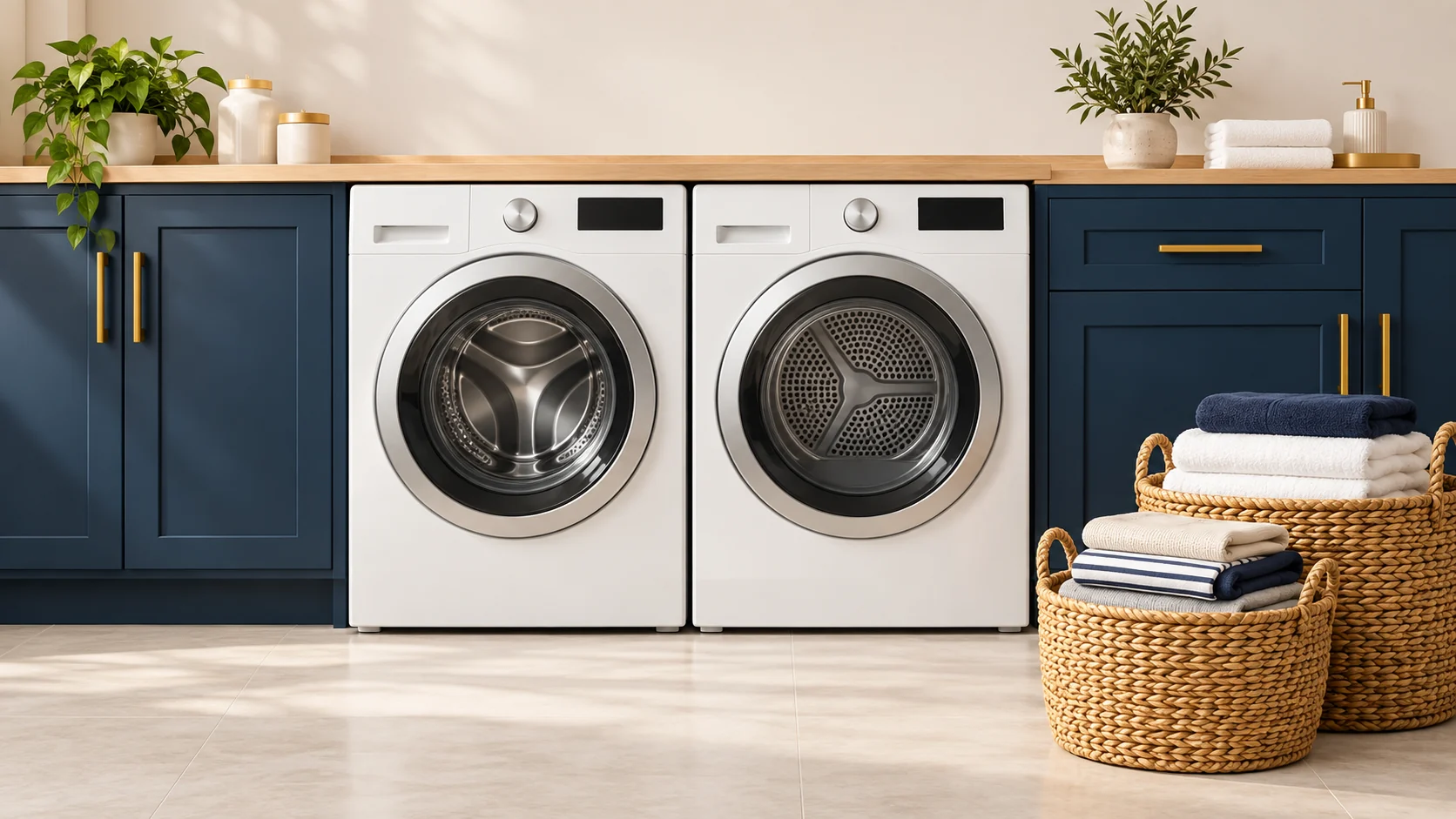 Illustration of a washer and dryer next to laundry baskets