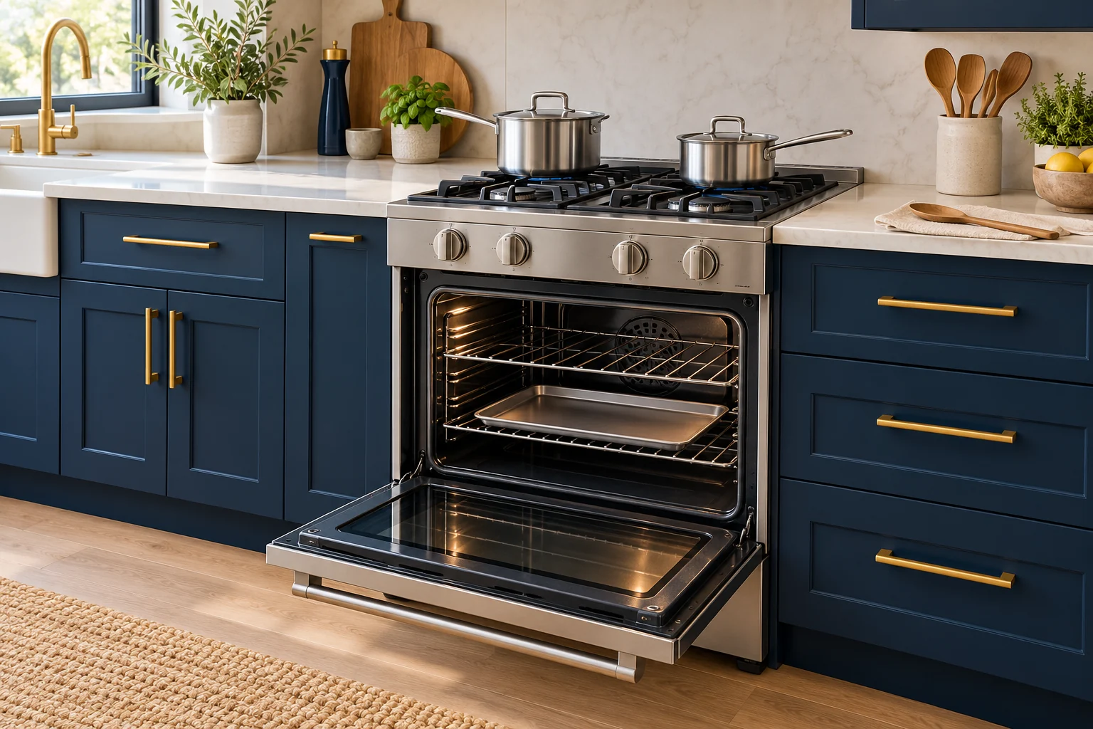 Illustration of a stove with pots and an open oven